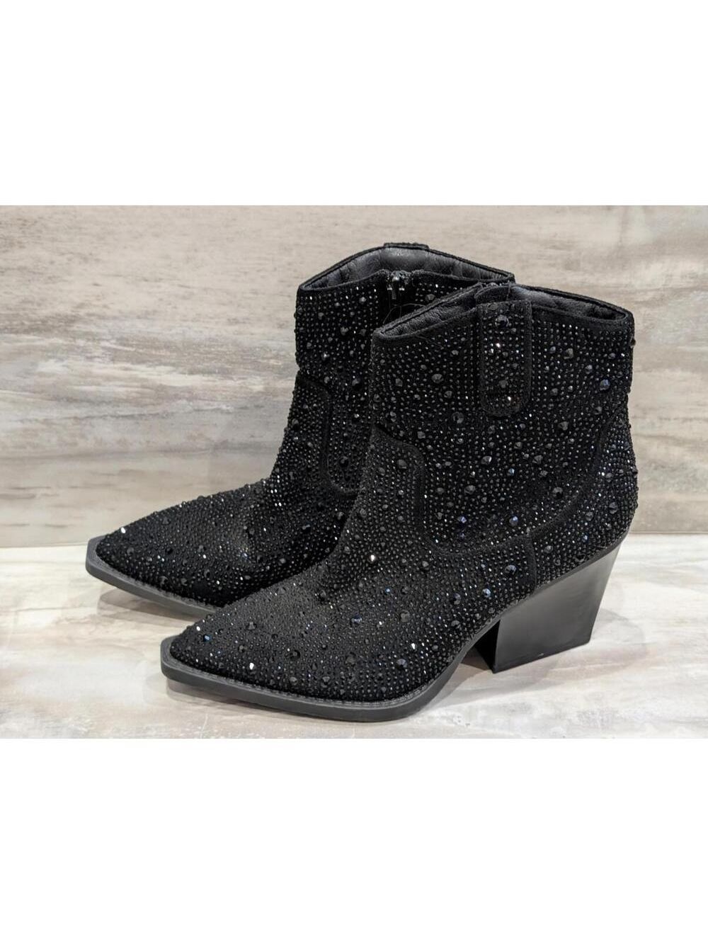 Black Rhinestone Embellished Ankle Boots with Block Heel 8M